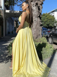 Sweep Train Yellow Backless Evening Dresses