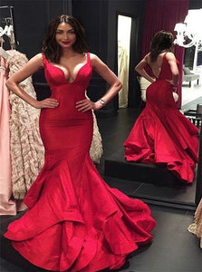 Red Mermaid Backless Satin Prom Dresses with Ruffles