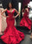 Red Mermaid Backless Satin Prom Dresses with Ruffles