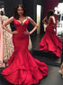 Red Mermaid Backless Satin Prom Dresses with Ruffles LBQ3593