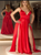 A Line Spaghetti Straps V Neck Satin Prom Dresses with Slit