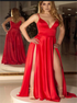 A Line Spaghetti Straps V Neck Satin Prom Dress with Slit LBQ3962