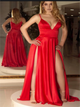 A Line Spaghetti Straps V Neck Satin Prom Dresses with Slit