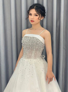 A Line Spaghetti Straps Beadings Tulle Prom Dresses