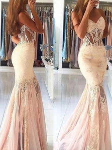 Sweetheart Mermaid Pink Appliques Tulle Prom Dresses