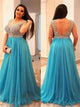 A Line V Neck Tulle Backless Prom Dresses with Appliques Lace