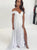A Line Off Shoulder Split White Satin Prom Dress with Appliques