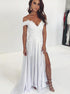 A Line Off Shoulder Split Satin Prom Dress with Appliques LBQ4346