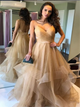 A Line Spaghetti Straps V Neck Backless Ruffles Tulle Prom Dress