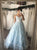 A Line Spaghetti Straps Appliques Blue Tulle Lace Up Prom Dresses