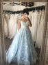 A Line Spaghetti Straps Appliques Blue Tulle Lace Up Prom Dress LBQ4182