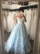 A Line Spaghetti Straps Appliques Blue Tulle Lace Up Prom Dresses