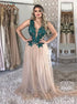 A Line Champagne V Neck Tulle Appliques Prom Dress LBQ4084