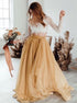 A Line Champagne Tulle Long Sleeves Appliques Prom Dress LBQ4067