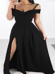 A Line Spaghetti Straps Black Satin Prom Dresses