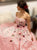 A Line Strapless Pink Lace Floral Appliques Prom Dresses