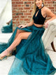  A Line Crew Turquoise Organza Prom Dresses with Split Keyhole