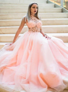 A Line One Shoulder Appliques Tulle Prom Dresses 