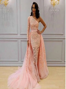 Blush Pink One Shoulder Mermaid Lace And Tulle Prom Dresses