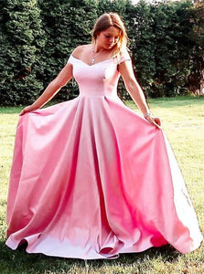 A Line Off Shoulder Pink Satin Pleats Prom Dresses