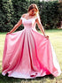 A Line Off Shoulder Pink Satin Pleats Prom Dress LBQ3804