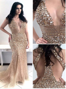 Gold Beaded Mermaid V Neck Criss Cross Tulle Prom Dress 