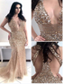 Gold Heavy Beaded Mermaid V Neck Criss Cross Tulle Prom Dress LBQ4133