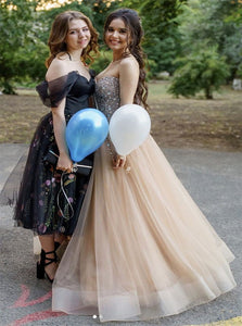 A Line Champagne Sweetheart Tulle Sequin Prom Dresses