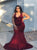 Burgundy Mermaid V Neck Appliques Satin Prom Dresses