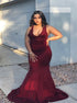 Burgundy Mermaid V Neck Appliques Satin Prom Dresses LBQ4327
