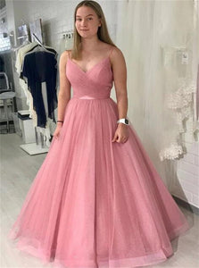 Straps A Line Pink Backless Tulle Pleats Prom Dress