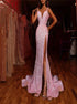 Spaghetti Straps Sweetheart Pink Mermaid Sequins Prom Dress with Slit LBQ3317