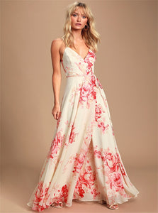 A Line Spaghetti Straps V Neck Chiffon Floral Criss Cross Prom Dresses