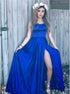 A Line Slit Criss Cross Straps Royal Blue Satin Prom Dress LBQ3576