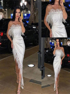 Mermaid Strapless Satin Slit Prom Dresses with Feather