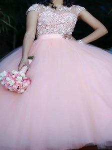 Ball Gown Cap Sleeves Pink Tulle Appliques Prom Dresses