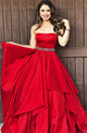 A Line Strapless Satin Prom Dress with Beading Ruffles 