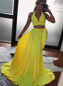 A Line Halter Satin Two Piece Yellow Pleats Prom Dresses