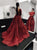 A Line Scoop Long Sleeves Burgundy Satin Appliques Prom Dresses