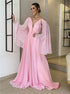 A Line Pink Long Sleeve Chiffon Pleats V Neck Prom Dress LBQ3792