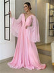 A Line Pink Long Sleeve Chiffon Pleats V Neck Prom Dresses