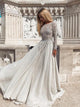 A Line Grey Long Sleeves Backless Satin Prom Dresses with Sequins