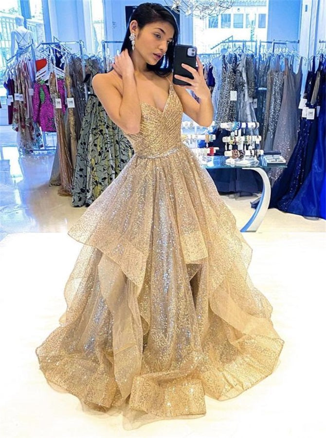 Gold Sequins V Neck Ruffles Prom Dresses | Alinepromdress Gold Sequins V Neck Ruffles Prom Dresses | Alinepromdress