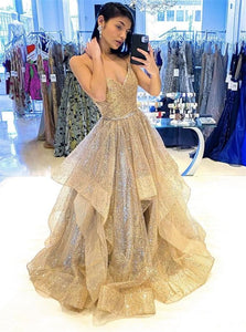 Gold Sequins V Neck Ruffles Prom Dresses
