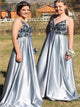 A Line V Neck Sequins Beading Dusty Blue Satin Long Prom Dress