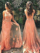 Sweep Train Orange Evening Dresses