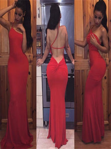 Mermaid One Strap Backless Satin Prom Dress with Pleats