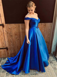 A Line Off the Shoulder Satin Appliques Prom Dresses 