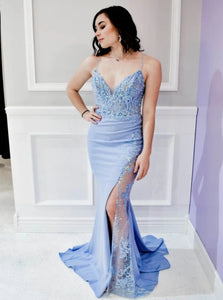 Mermaid Spaghetti Straps Satin Tulle Appliques Prom Dresses