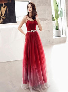 A Line Spaghetti Straps Sweetheart Tulle Lace Up Beadings Prom Dress